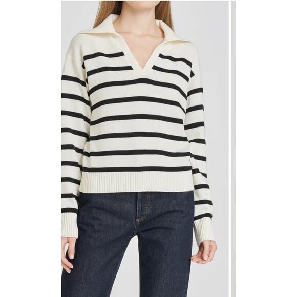 WAYF Port Striped Johnny Collar Cotton Sweater Ivory/black Sz Small NWT - Picture 1 of 9